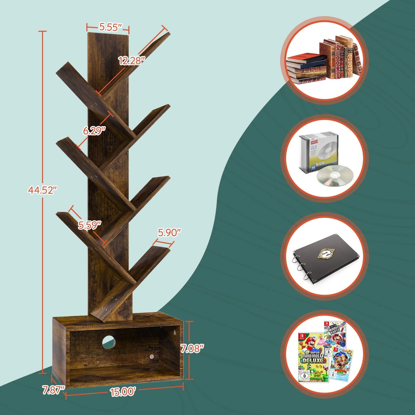 6-Shelf Retro Tree Bookshelf - Tall Floor Standing Bookcase, Wood Book Storage Rack for Books, CDs, Movies, Home Office, Rustic Brown