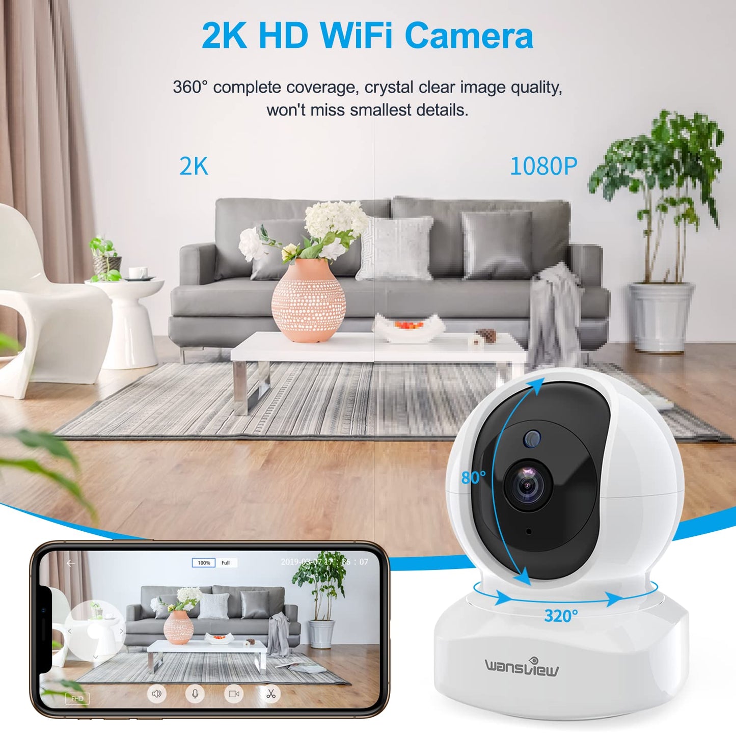 2K Indoor WiFi Security Camera with Night Vision, Motion Tracking, Two-Way Audio, Pan Tilt Control, App Alerts, Local and Cloud Storage, Works with Alexa (White)