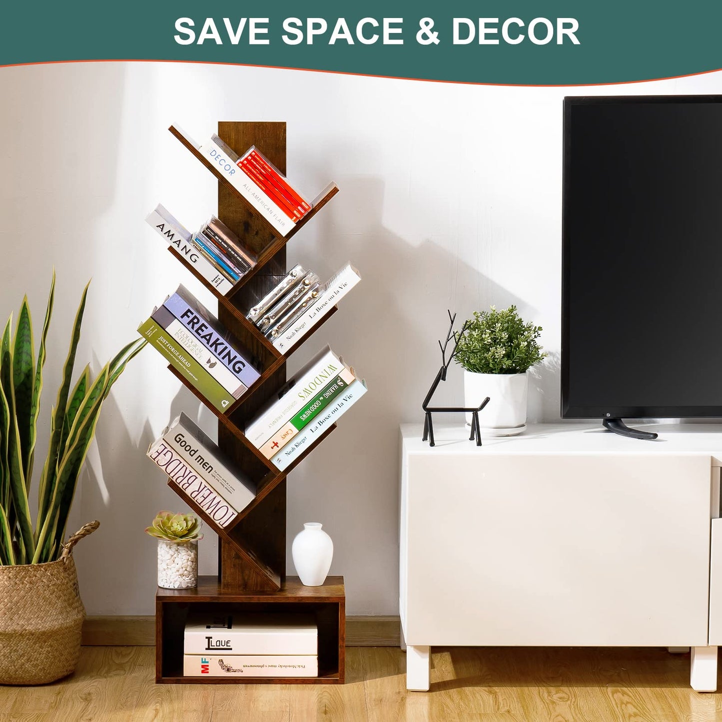 6-Shelf Retro Tree Bookshelf - Tall Floor Standing Bookcase, Wood Book Storage Rack for Books, CDs, Movies, Home Office, Rustic Brown