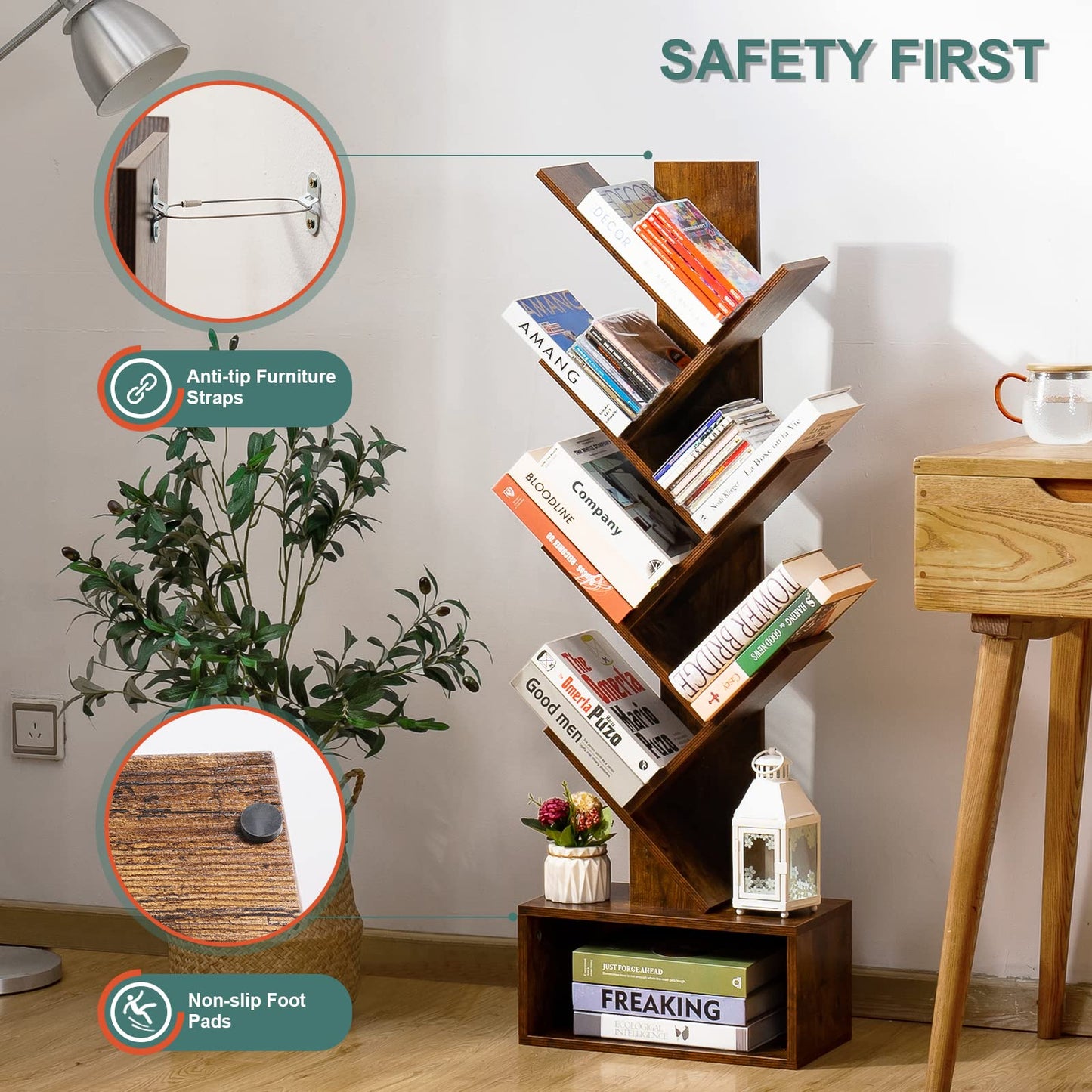 6-Shelf Retro Tree Bookshelf - Tall Floor Standing Bookcase, Wood Book Storage Rack for Books, CDs, Movies, Home Office, Rustic Brown