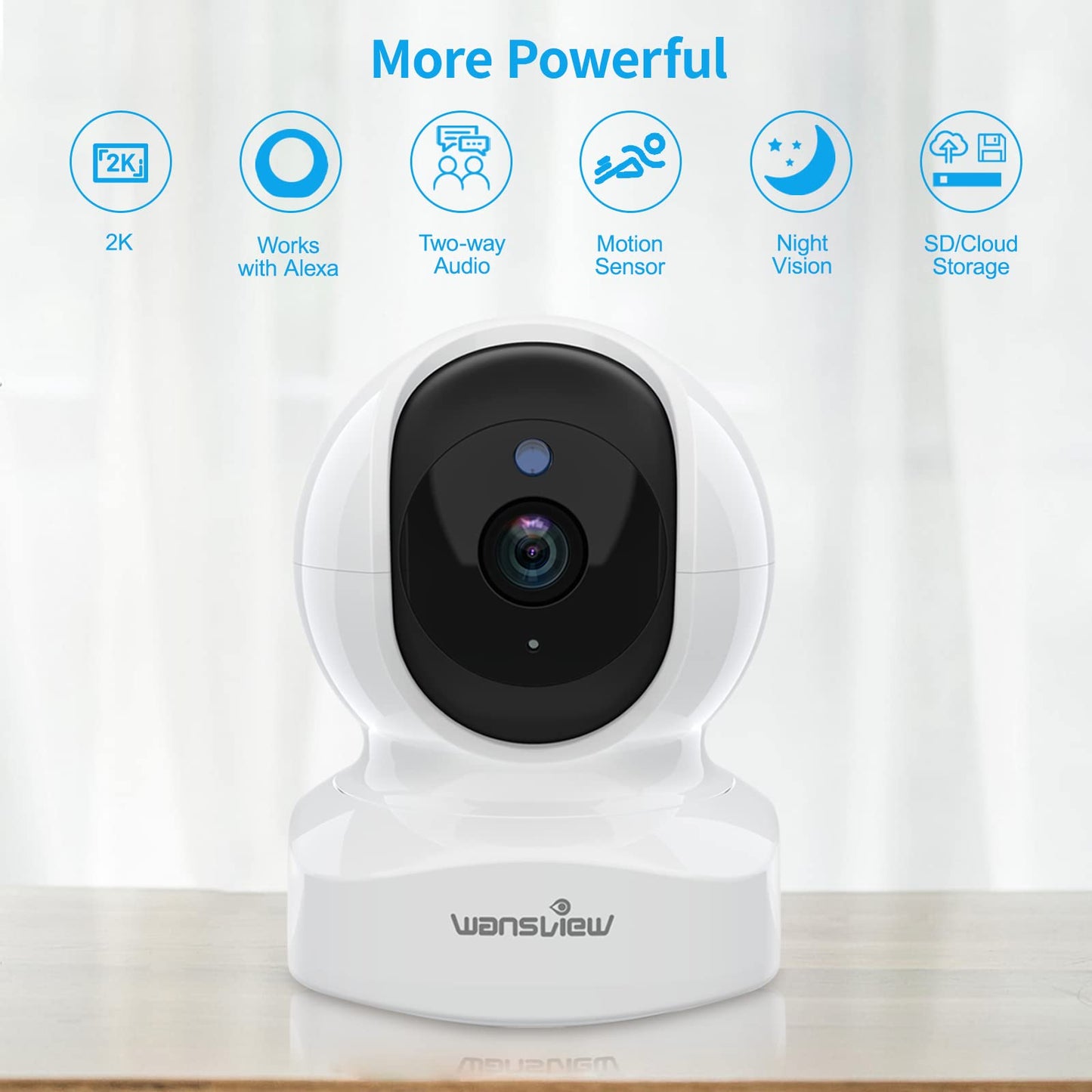 2K Indoor WiFi Security Camera with Night Vision, Motion Tracking, Two-Way Audio, Pan Tilt Control, App Alerts, Local and Cloud Storage, Works with Alexa (White)