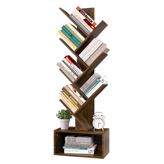 6-Shelf Retro Tree Bookshelf - Tall Floor Standing Bookcase, Wood Book Storage Rack for Books, CDs, Movies, Home Office, Rustic Brown