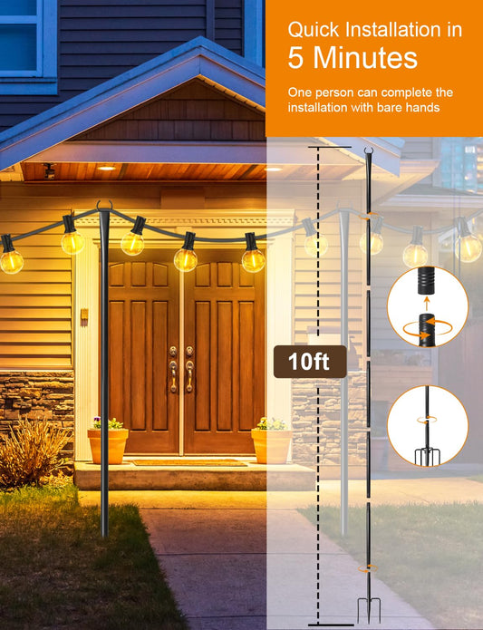 4-Pack 10 ft String Light Poles – Heavy-Duty Outdoor Metal Poles with Fork Base for Hanging Lights on Patio, Garden, or Yard