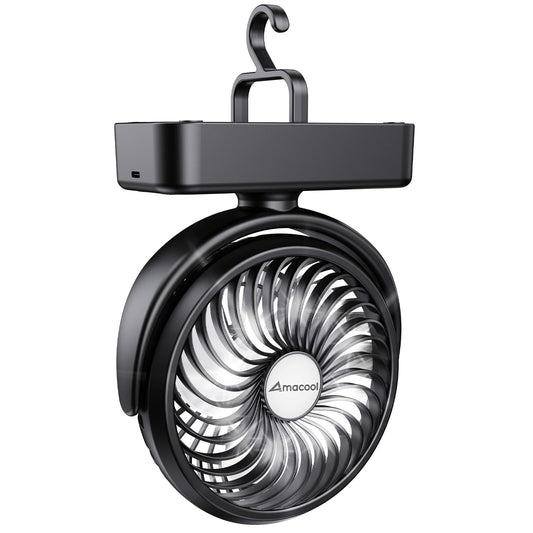 Amacool Portable Camping Fan with LED Lantern – 40H Battery Life, Rechargeable Fan with Hanging Hook for Tent, RV, Car, Emergency & Outdoor Use