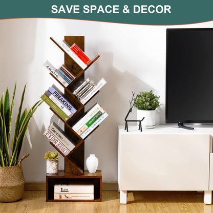 6-Shelf Retro Tree Bookshelf - Tall Floor Standing Bookcase, Wood Book Storage Rack for Books, CDs, Movies, Home Office, Rustic Brown
