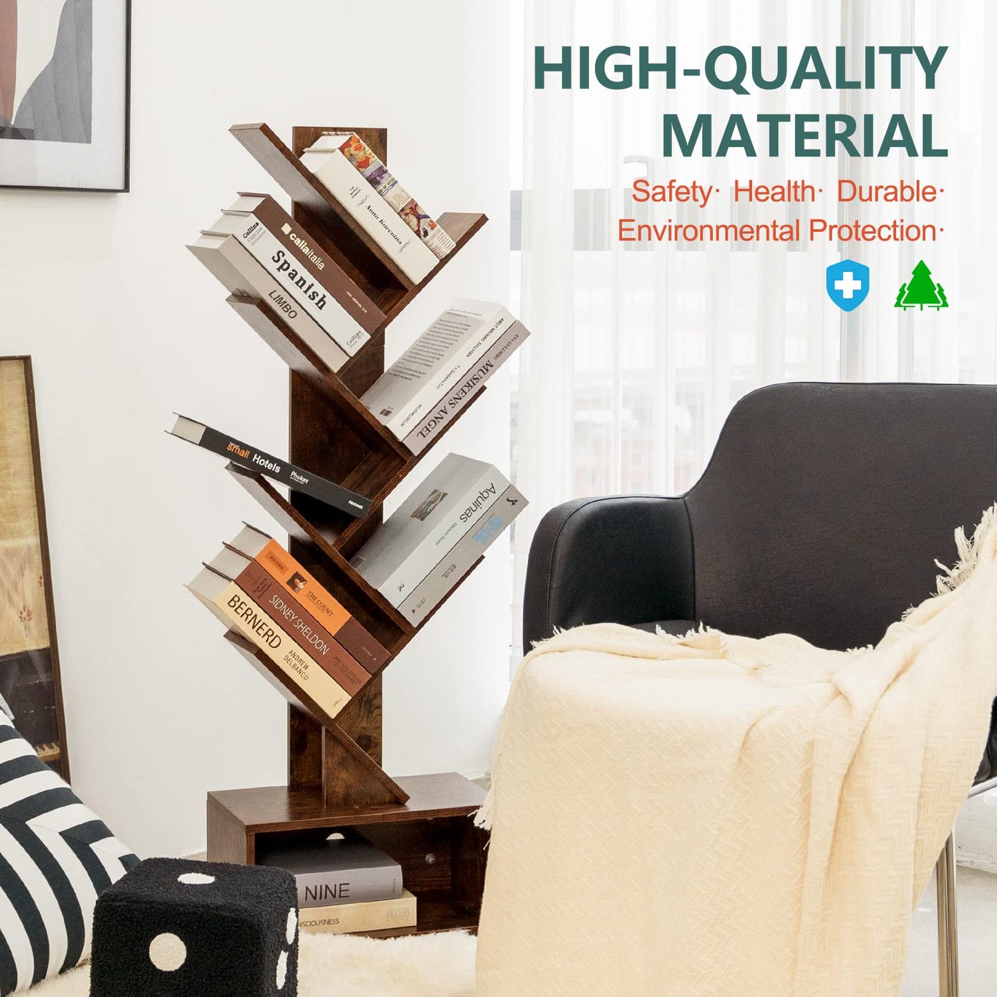 6-Shelf Retro Tree Bookshelf - Tall Floor Standing Bookcase, Wood Book Storage Rack for Books, CDs, Movies, Home Office, Rustic Brown