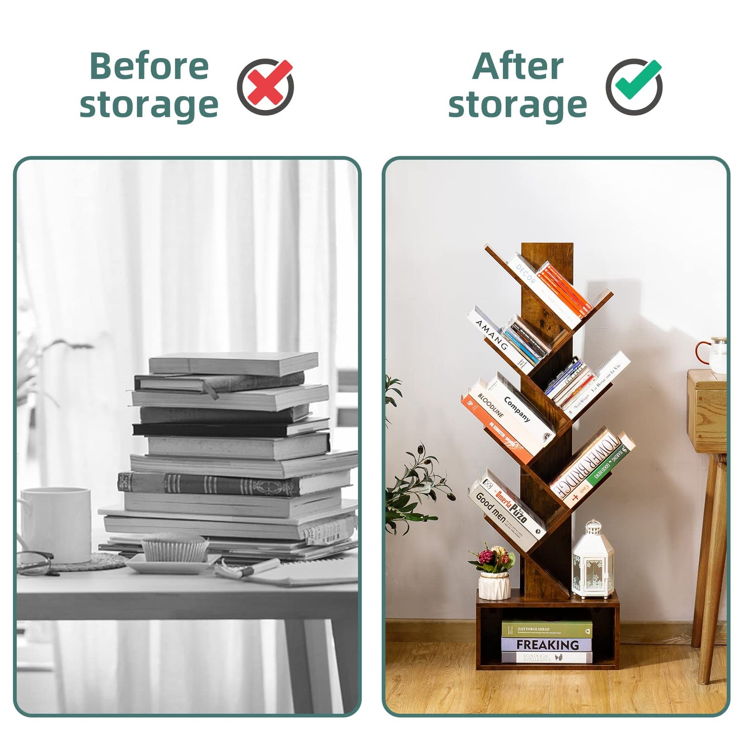 6-Shelf Retro Tree Bookshelf - Tall Floor Standing Bookcase, Wood Book Storage Rack for Books, CDs, Movies, Home Office, Rustic Brown