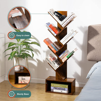 6-Shelf Retro Tree Bookshelf - Tall Floor Standing Bookcase, Wood Book Storage Rack for Books, CDs, Movies, Home Office, Rustic Brown