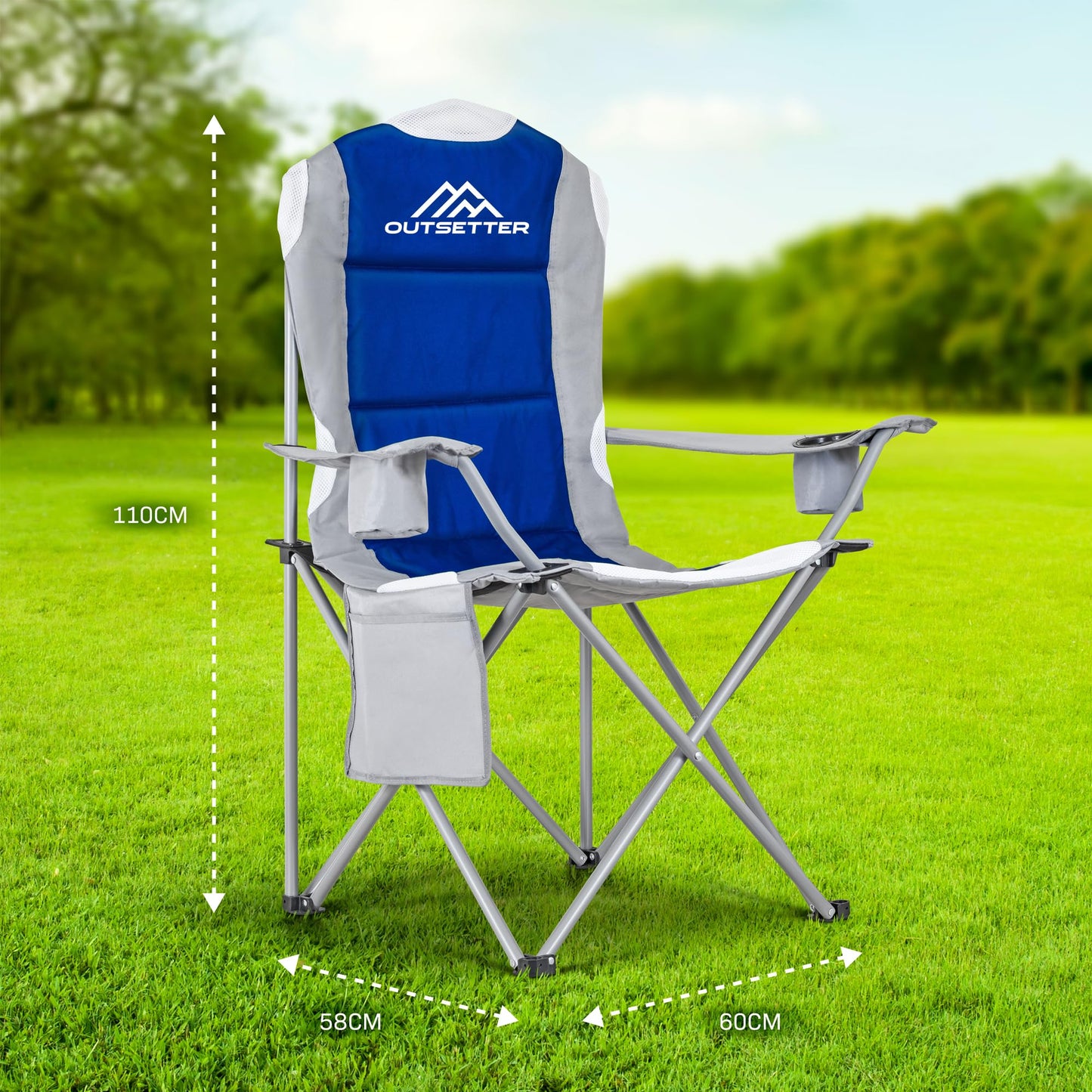 2-Pack Premium Folding Camping Chairs – Padded High-Back Outdoor Seats with Cup Holder & Side Pockets, Waterproof, 120kg Weight Capacity – Perfect for Garden, Picnic, Beach, and Camping (Blue)