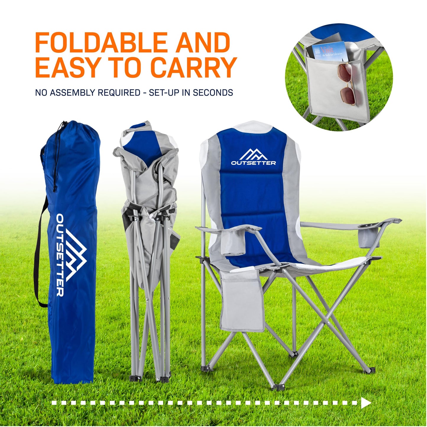 2-Pack Premium Folding Camping Chairs – Padded High-Back Outdoor Seats with Cup Holder & Side Pockets, Waterproof, 120kg Weight Capacity – Perfect for Garden, Picnic, Beach, and Camping (Blue)