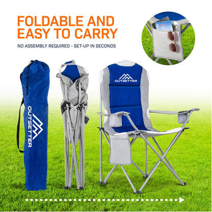2-Pack Premium Folding Camping Chairs – Padded High-Back Outdoor Seats with Cup Holder & Side Pockets, Waterproof, 120kg Weight Capacity – Perfect for Garden, Picnic, Beach, and Camping (Blue)