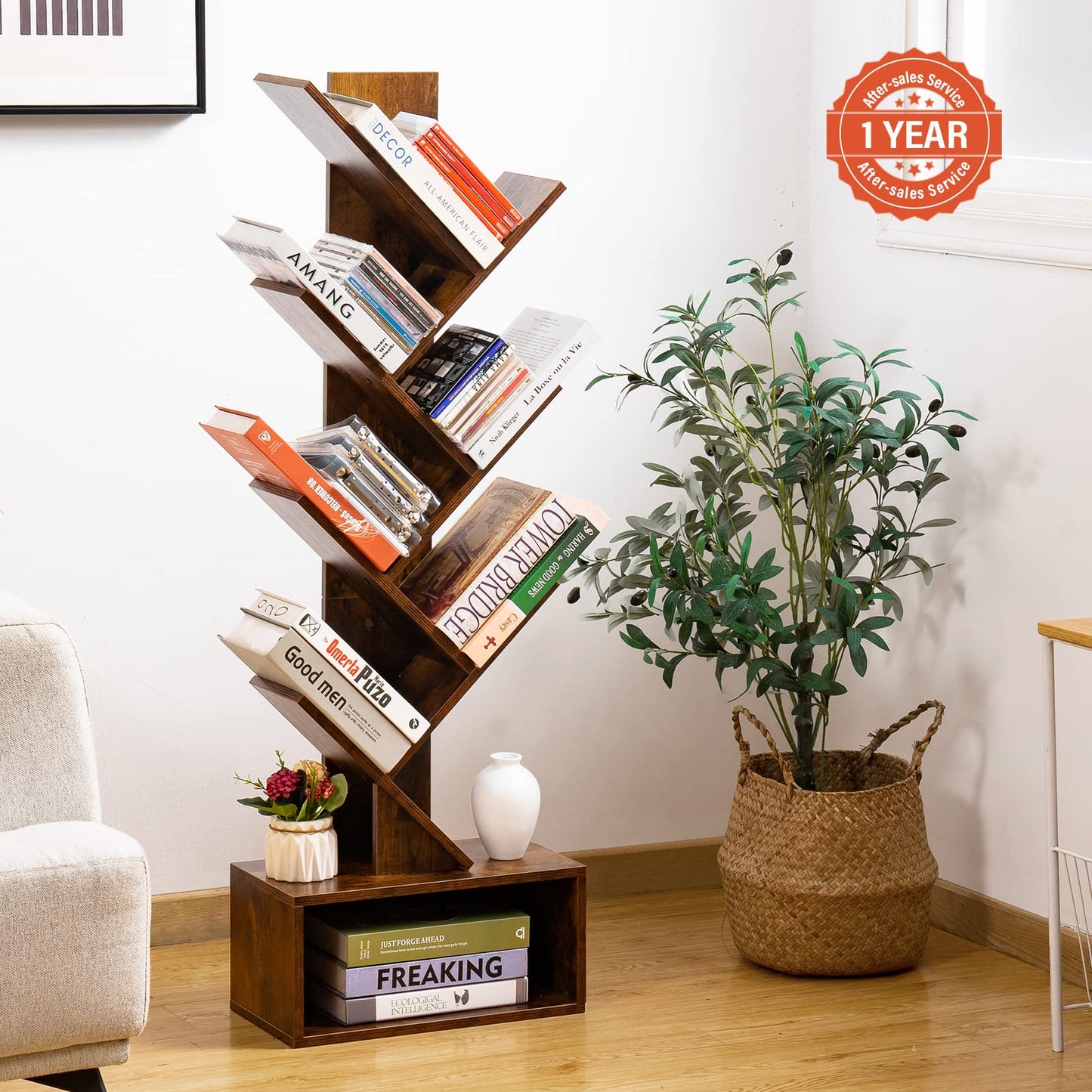 6-Shelf Retro Tree Bookshelf - Tall Floor Standing Bookcase, Wood Book Storage Rack for Books, CDs, Movies, Home Office, Rustic Brown
