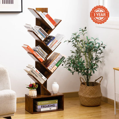 6-Shelf Retro Tree Bookshelf - Tall Floor Standing Bookcase, Wood Book Storage Rack for Books, CDs, Movies, Home Office, Rustic Brown