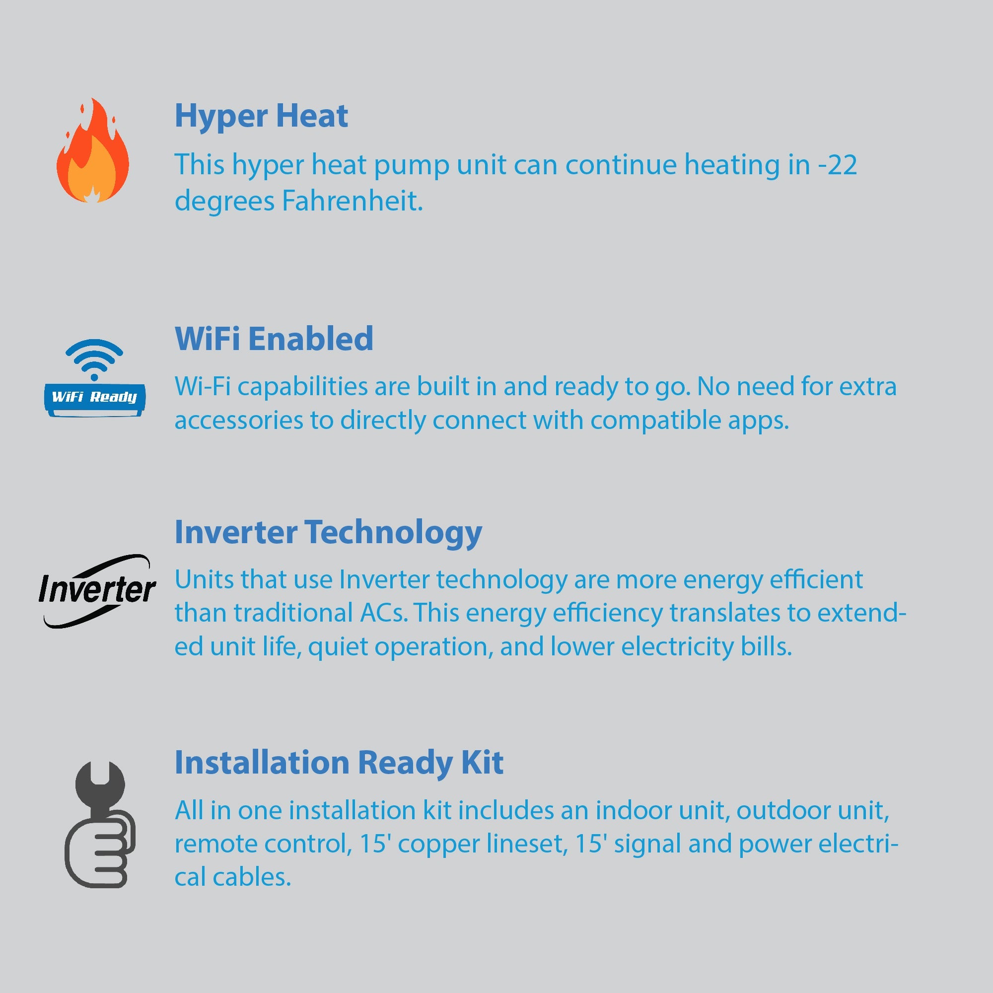 Air-Con Blue Hyper 9000 BTU 26 SEER Hyper Heat Mini Split Air Conditioner 15ft Lineset & Wiring